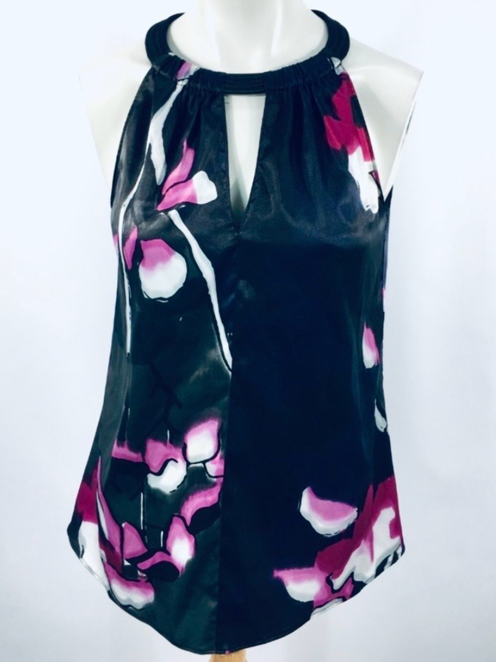 T Tahari Black & Pink Floral Halter Top EUC